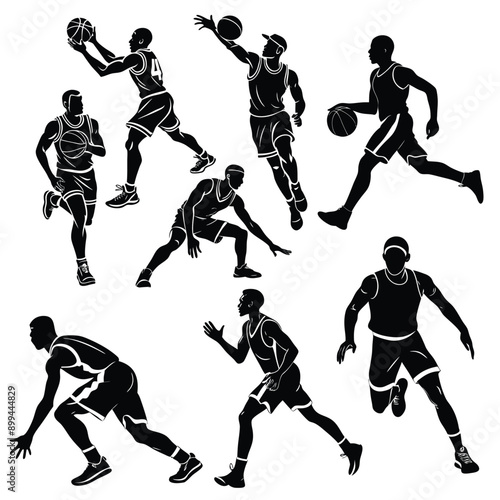 A series of silhouettes of basketball players