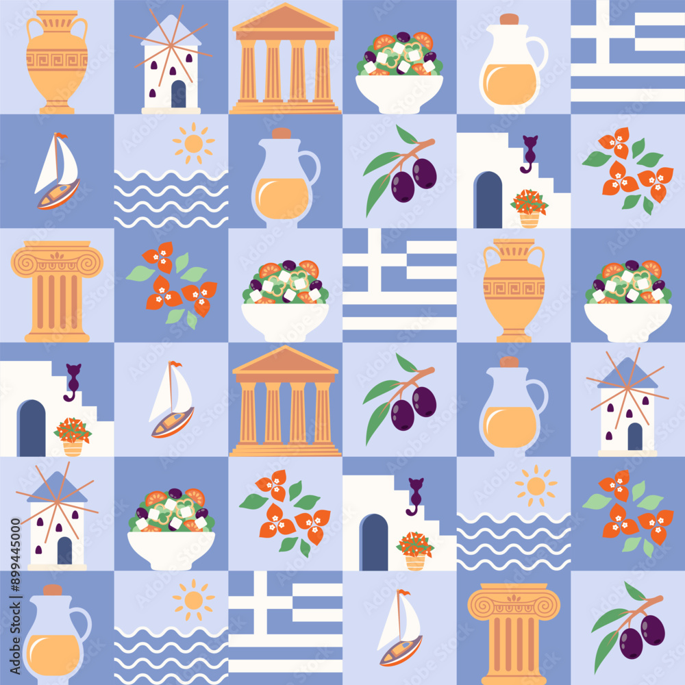 Greek theme seamless pattern. Set of icons with symbols of Greece. Temples, flowers, olives, sea, Santorini. Vector illustration Greek theme seamless pattern. Set of icons with symbols of Greece. Temples, flowers, olives, sea, Santorini. Vector illustration
