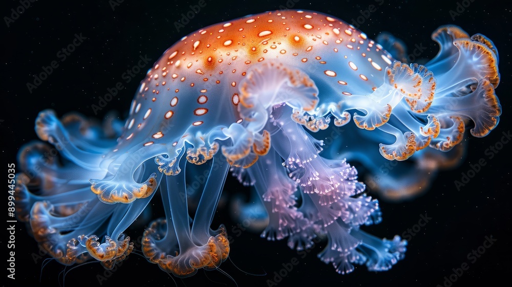 Fototapeta premium undersea,jellyfish,which focus on flash lighting,len marco,black background --ar 16:9 --stylize 1000 Job ID: e6dc4fe0-d8e8-420a-a497-087f8c91ef7e