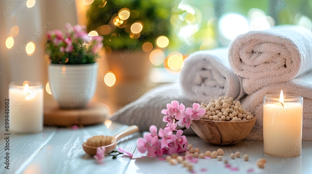 Spa Setting with Candles, Towels, and Aromatherapy Spa Setting with Candles, Towels, and Aromatherapy