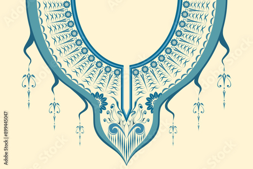 This image collar a beautifully intricate floral collar design, characterized by elegant blue patterns and detailed floral motifs. The central part of the collar features a symmetrical arrangement