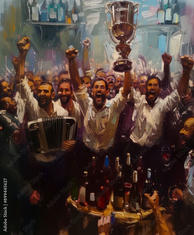 Naklejka premium Group of Men Celebrating with Trophies