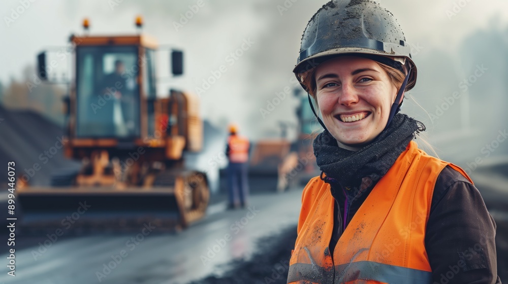 Proud Female Road Worker Smiling at Asphalt Paver Teamwork on New Highway Construction Site Proud Female Road Worker Smiling at Asphalt Paver Teamwork on New Highway Construction Site