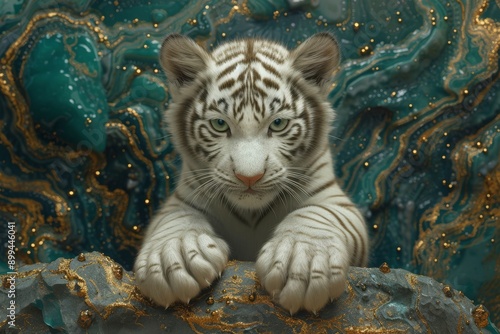 a meticulously crafted portrayal of a looking directly into the camera fantasy of a white tigercat baby siting on a rock the adorned in vibrant teal,  photo