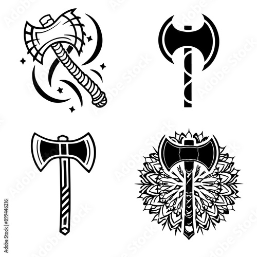 Labrys tribal tattoo, double-sided ancient battle stomp. Vector set of monochrome sketches with patterned tooling