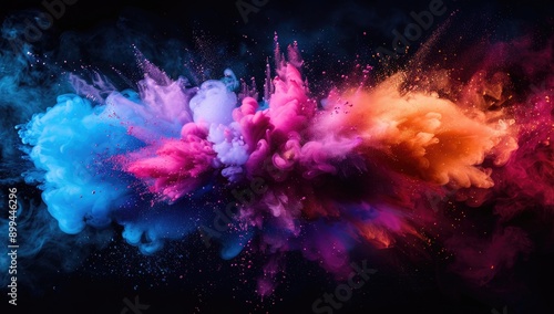 Colorful smoke explosion on dark background, colorful powder splash, vibrant color cloud of paint and ink in water, creative concept for design elements, vibrant color splashes, explosion effect © glden
