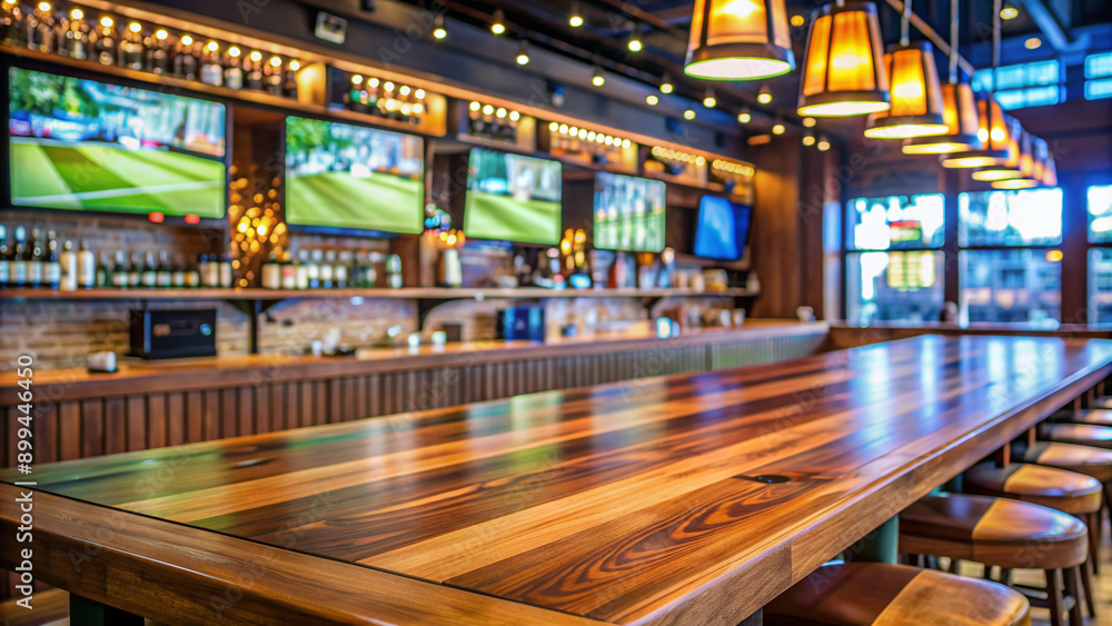 Modern empty wooden counter in a lively sports bar or pub with blurred televisions displaying multiple sporting events in the background. Modern empty wooden counter in a lively sports bar or pub with blurred televisions displaying multiple sporting events in the background.