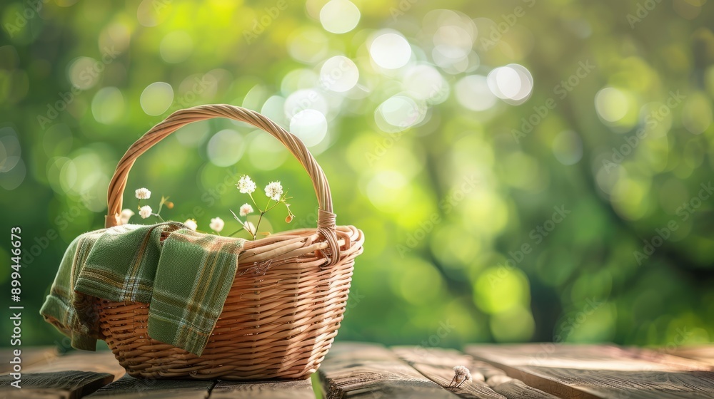Empty basket with tablecloth on wooden table over green bokeh background. Spring and easter mock up for design. Empty basket with tablecloth on wooden table over green bokeh background. Spring and easter mock up for design.