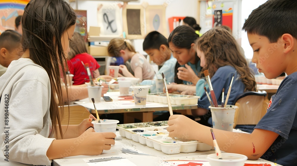 Children paint at their desks in a classroom. Children paint at their desks in a classroom.