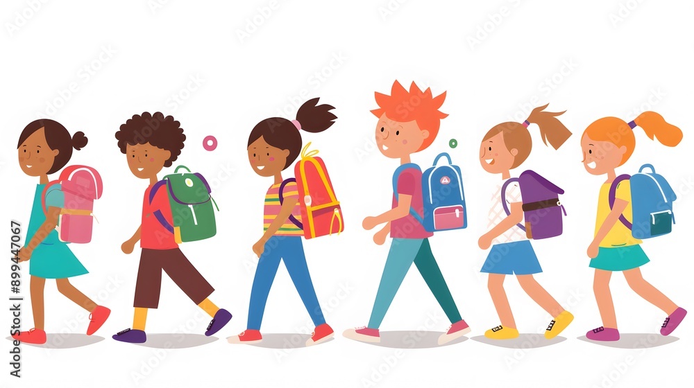 Fototapeta premium Six kids walking to school with backpacks.
