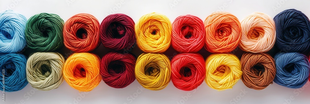 A vibrant assortment of neatly arranged yarn rolls showcases various colors against a clean white backdrop, ideal for crafting inspiration and text. Generative AI A vibrant assortment of neatly arranged yarn rolls showcases various colors against a clean white backdrop, ideal for crafting inspiration and text. Generative AI