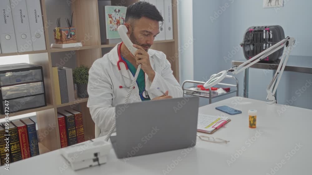 Young hispanic male vet in a clinic office works on his computer while holding a phone, surrounded by veterinary equipment, books, and medical supplies. Young hispanic male vet in a clinic office works on his computer while holding a phone, surrounded by veterinary equipment, books, and medical supplies.