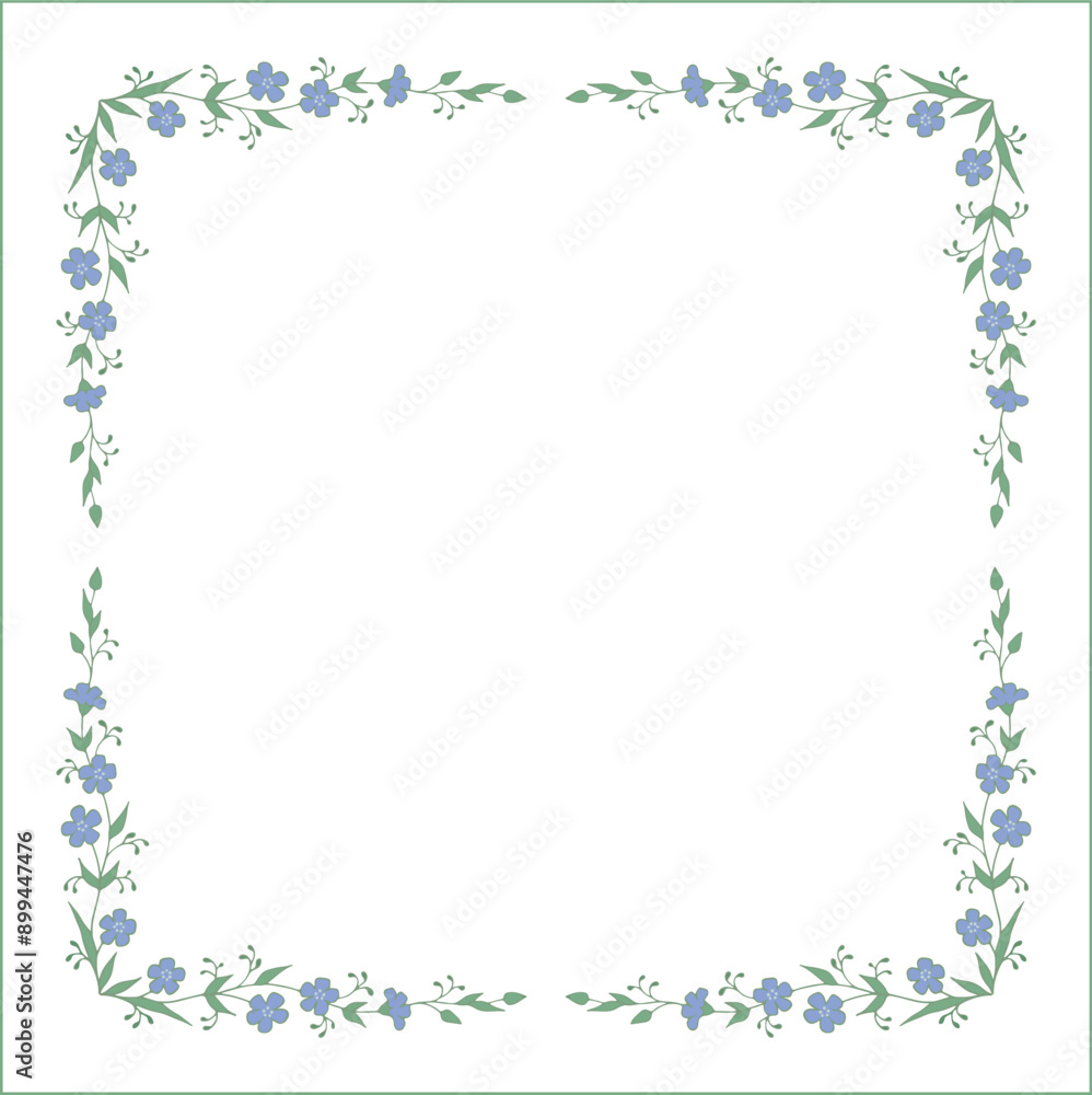 Elegant green and blue vegetal ornamental frame with blue flowers, decorative border, corners for greeting cards, banners, business cards, invitations, menus. Isolated vector illustration.
Elegant green and blue vegetal ornamental frame with blue flowers, decorative border, corners for greeting cards, banners, business cards, invitations, menus. Isolated vector illustration.