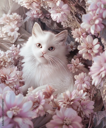 Enchanting Crystal Cat Emerges from Floral Crack with Mesmerizing Colorscape in Daz3D Style photo