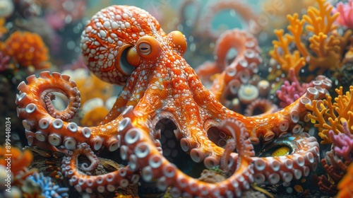 Fototapeta Naklejka Na Ścianę i Meble -  A 3D cartoon image of a peach fuzz-colored octopus playing musical instruments underwater, with a lively band of sea creatures in a colorful coral reef