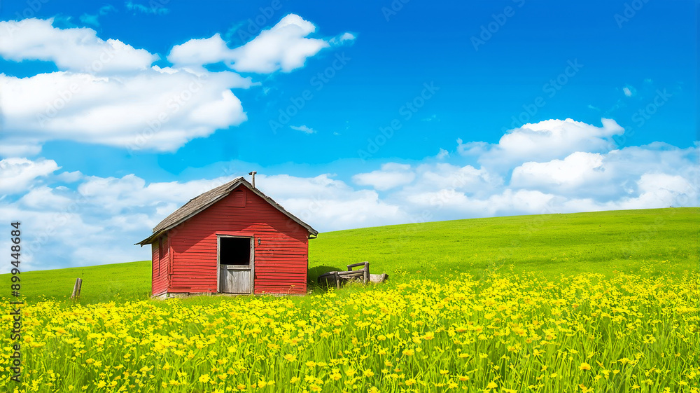 Stunning Countryside Red Barn with Yellow Wildflowers and Blue Sky Landscape Stunning Countryside Red Barn with Yellow Wildflowers and Blue Sky Landscape