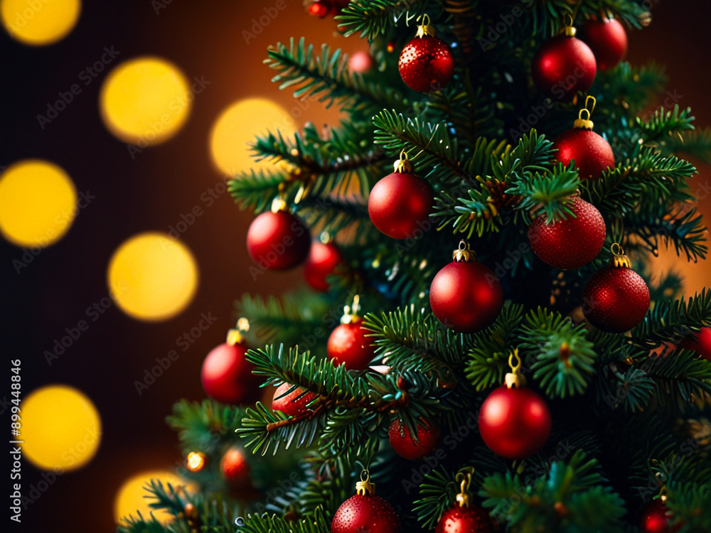 Macro christmas tree background with red balls and bokeh. AI generative Macro christmas tree background with red balls and bokeh. AI generative