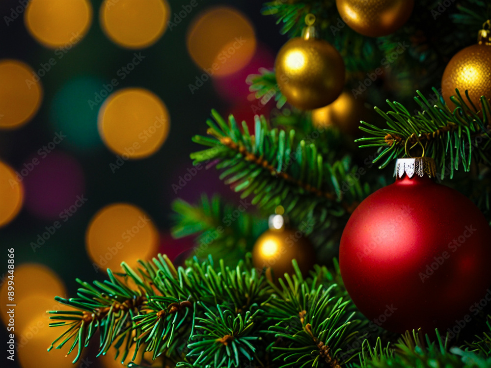 Macro christmas tree background with. red ball and bokeh. AI generative Macro christmas tree background with. red ball and bokeh. AI generative