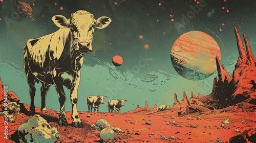 Cows abducted by aliens on lunar surface, retro comic book, vintage colors and texture, 1950s sci-fi