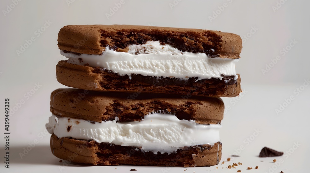 Closeup of a chocolate cookie ice cream sandwich with a bite taken out. Closeup of a chocolate cookie ice cream sandwich with a bite taken out.