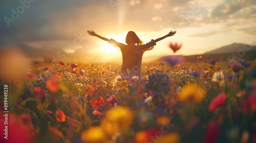 A person dancing freely in a field of wildflowers, exuding pure happiness and freedom.