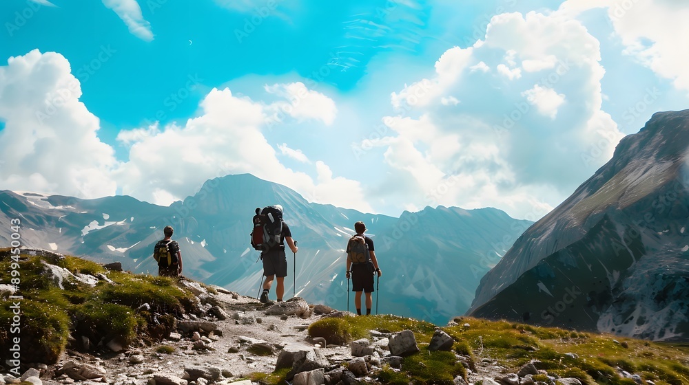 Obraz premium Three hikers stand on a mountain trail, taking in the view.