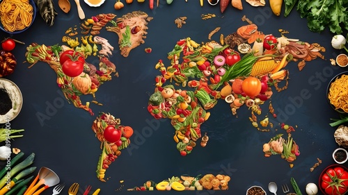 Global Cuisine Diversity Map: Food Ingredients and Vegetables Concept Illustration. Discover the rich diversity of global cuisine with this concept illustration.