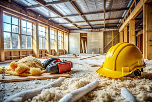Clouds of fine glass wool dust particles envelop a vacant construction site, with scattered tools and building materials, emphasizing the importance of protective gear.