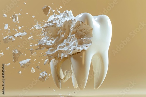 3D render of a tooth breaking apart, representing dental health, decay, and impact. Conceptual image on a beige background.