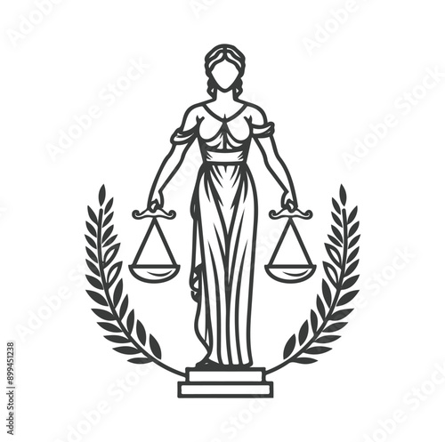 Lady Justice holding scales, standing on a pedestal with laurel branches line art illustration ,generative ai