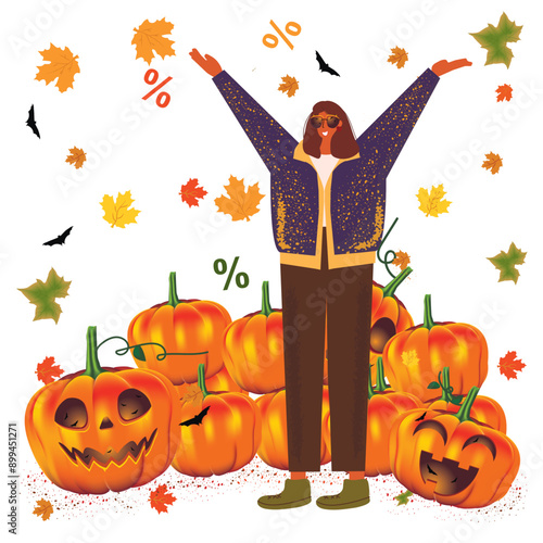 Halloween discounts, promotion. The girl stands with her hands raised and rejoices at the discounts.