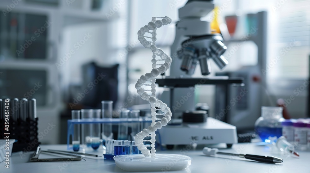 printed DNA model on a lab table with scientific instruments printed DNA model on a lab table with scientific instruments