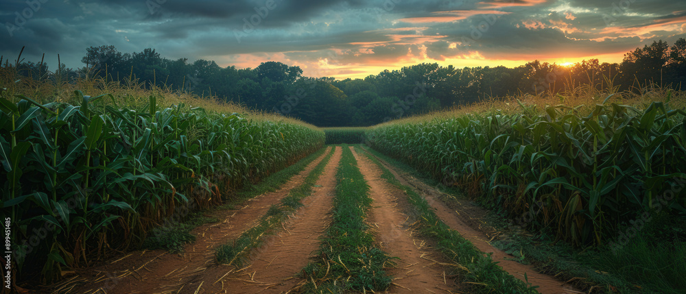 Obraz premium Scenic Sunset Over a Lush Cornfield with a Dirt Pathway Leading into the Horizon, Perfect for Agriculture and Rural Landscape Photography