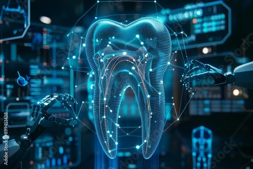 Futuristic digital rendering of a tooth with advanced robotic technology representing modern dental care and innovation.