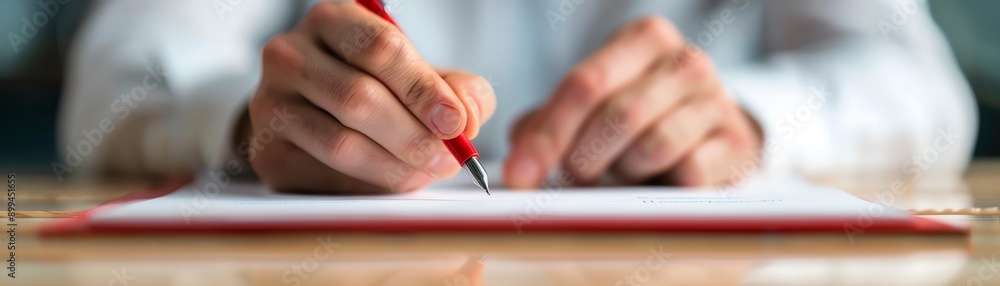 A close-up image of hands holding a pen, writing on a blank sheet of paper in a minimalist workspace. A close-up image of hands holding a pen, writing on a blank sheet of paper in a minimalist workspace.