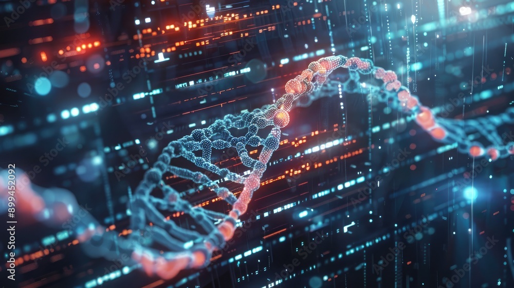 Abstract representation of DNA with futuristic tech elements Abstract representation of DNA with futuristic tech elements