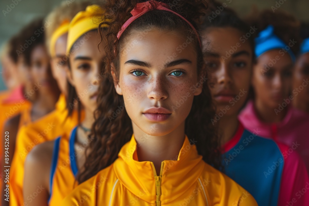 © Vladan - Group of focused young women in vibrant sports attire, showcasing diversity and unity in athleticism. Perfect for fitness and empowerment themes.
