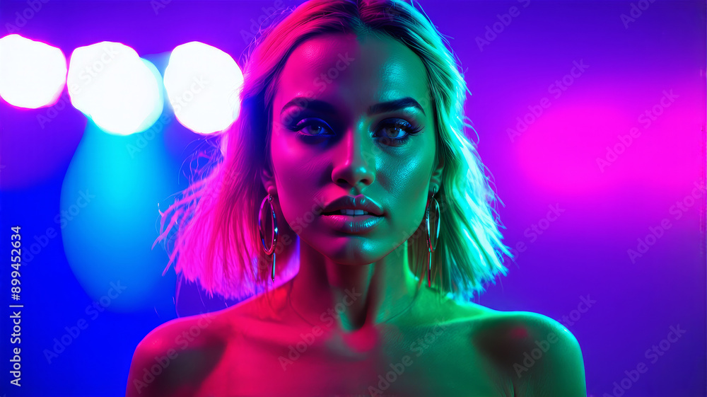 Striking Portrait of a Woman in Neon Lighting for Modern Lifestyle and Fashion Concepts Striking Portrait of a Woman in Neon Lighting for Modern Lifestyle and Fashion Concepts