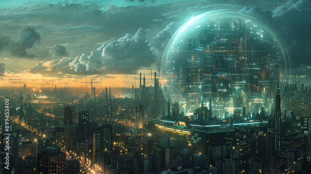 Obraz premium Futuristic Cityscape with Dome Structure at Sunset Advanced Urbanization