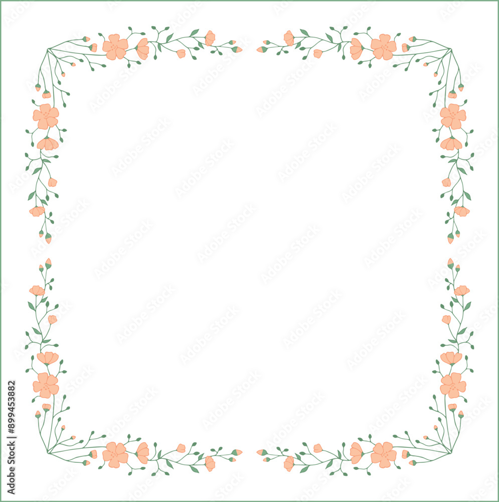 Elegant green vegetal ornamental frame with orange flowers, decorative border, corners for greeting cards, banners, business cards, invitations, menus. Isolated vector illustration.
Elegant green vegetal ornamental frame with orange flowers, decorative border, corners for greeting cards, banners, business cards, invitations, menus. Isolated vector illustration.