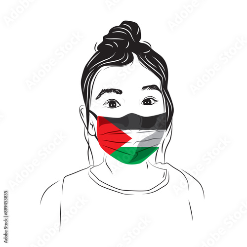  Palestinian kids girl with palestine flag mask. vector illustration