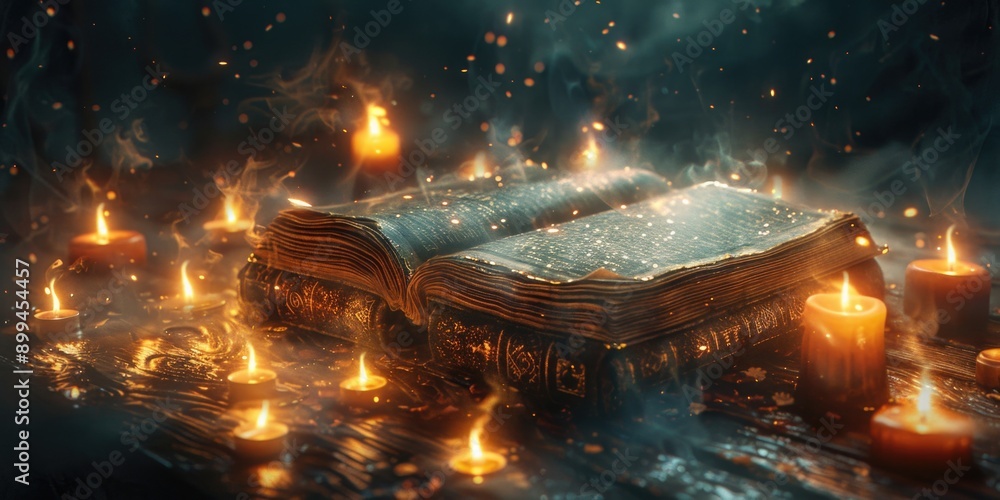 Enchanted Spellbook with Turning Pages, Floating Candles, and Arcane Symbols Conjuring Living Magic Enchanted Spellbook with Turning Pages, Floating Candles, and Arcane Symbols Conjuring Living Magic