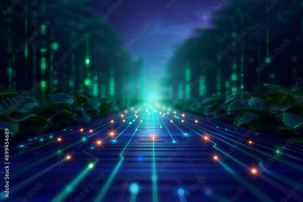 Obraz premium A mesmerizing digital landscape with glowing lines and vibrant lights, evoking a sense of mystery and technology in nature.