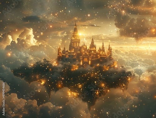 Enchanted Castle in the Sky: Magical Fantasy World with Sparkling Lights and Dreamy Clouds