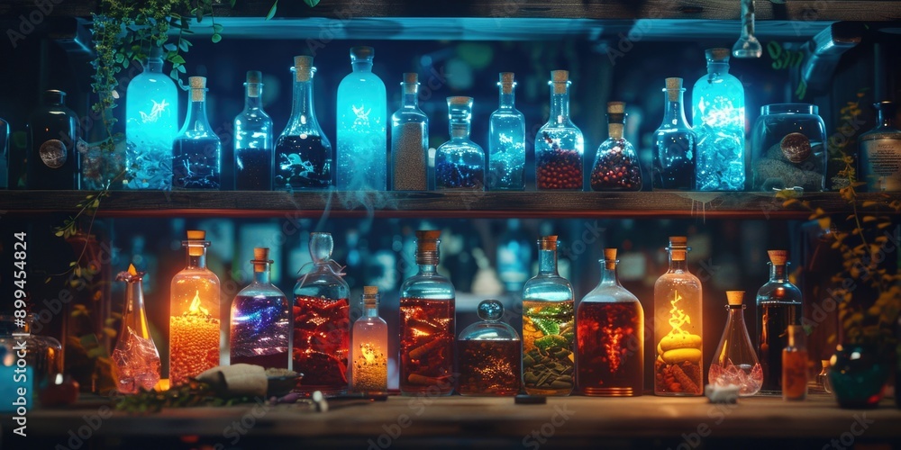 Enchanting Witch's Potion Shelf with Glowing Bottles and Mystical Ingredients in Dark Atmosphere Enchanting Witch's Potion Shelf with Glowing Bottles and Mystical Ingredients in Dark Atmosphere