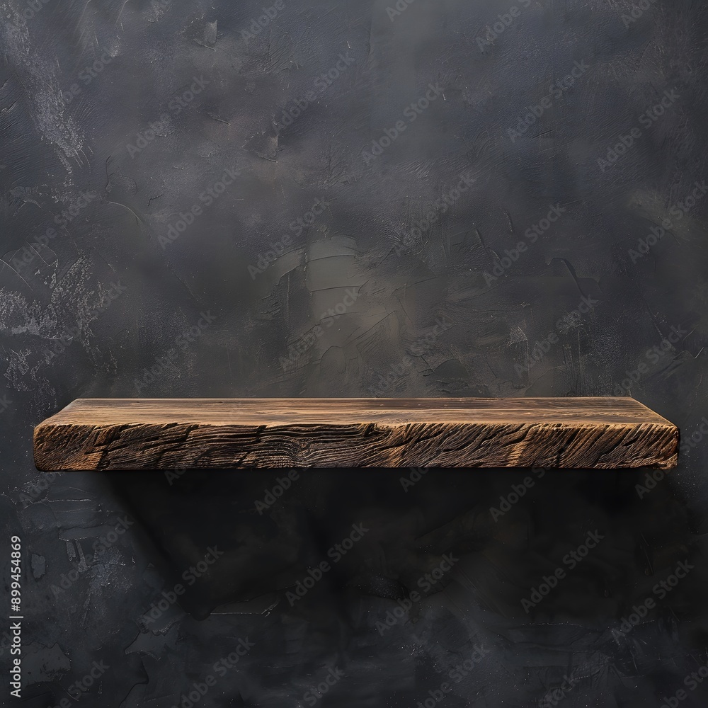 Front perspective of a wooden shelf against a deep charcoal gray background, highlighting product placement. Photographed with a Sony A9 II and a 35mm lens, using warm ambient lighting to bring out Front perspective of a wooden shelf against a deep charcoal gray background, highlighting product placement. Photographed with a Sony A9 II and a 35mm lens, using warm ambient lighting to bring out