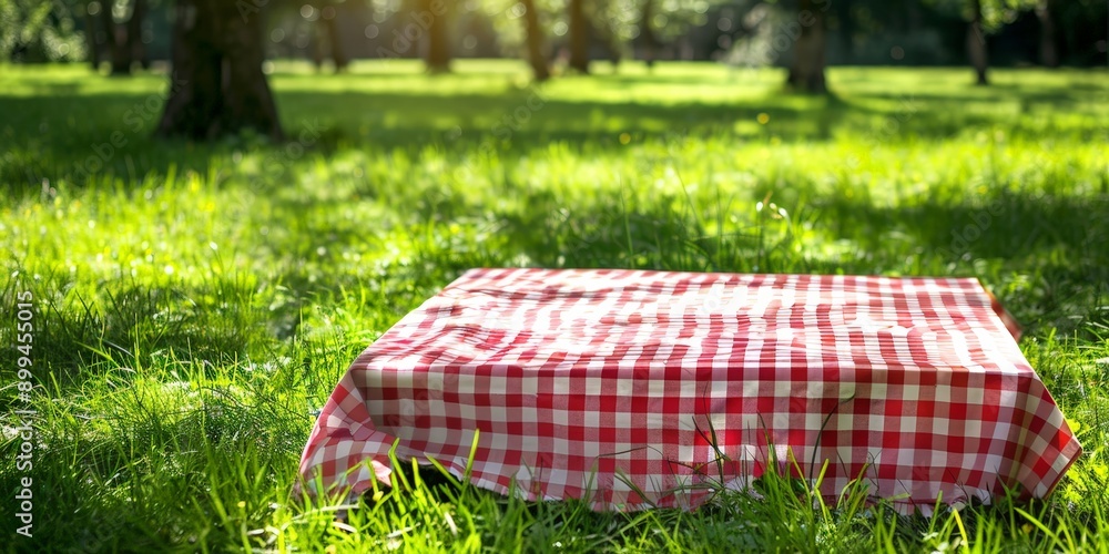 Checkered Cloth on Lush Green Grass, Perfect Picnic Spot Checkered Cloth on Lush Green Grass, Perfect Picnic Spot