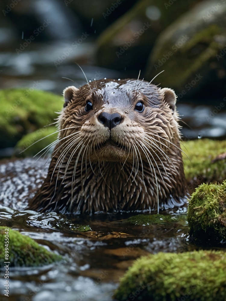 Playful otter sliding on mossy rock into clear stream, whiskers wet with droplets Playful otter sliding on mossy rock into clear stream, whiskers wet with droplets
