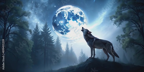 Wolf howling under full moon in the dark forest, wolf, howling, night, full moon, forest, wilderness, wildlife, predator, solitude © Nasnunt