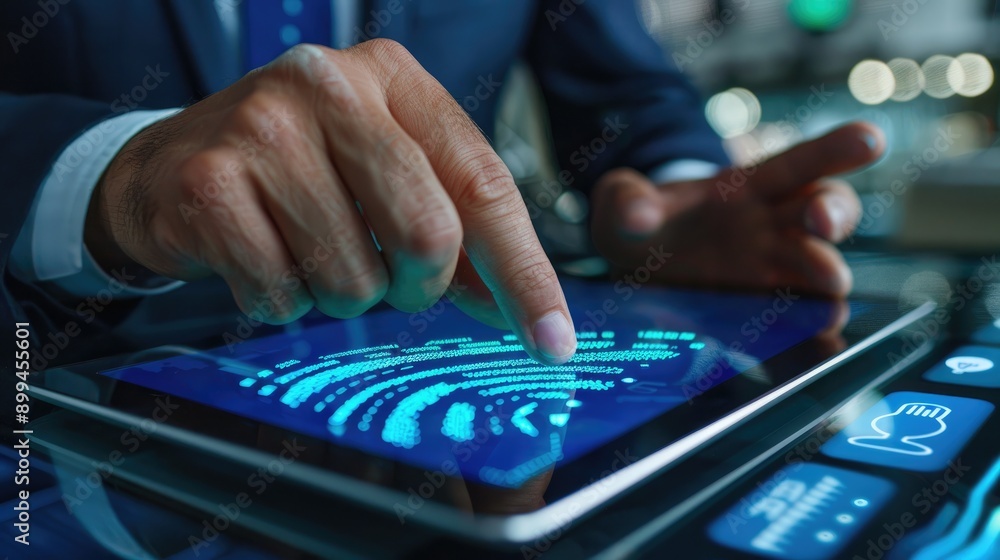 Fototapeta premium Businessman accessing secure data with fingerprint recognition on a tablet